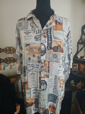 Faded Glory Casual Button-Down Shirt - Blue, Tan & White Graphic Print